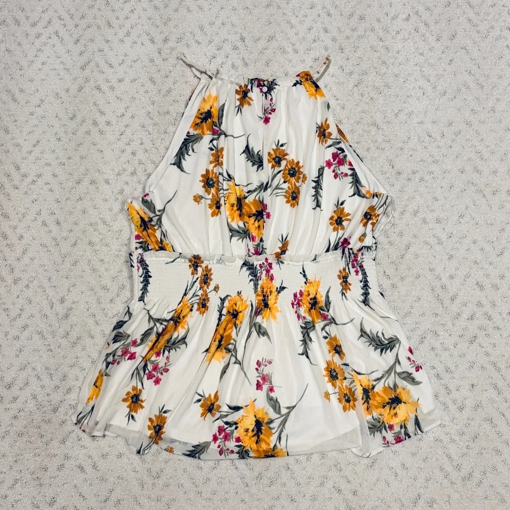 Express Floral Halter Top Women Large Smocked Peplum Waist Cream Yellow Girly - Picture 3 of 11